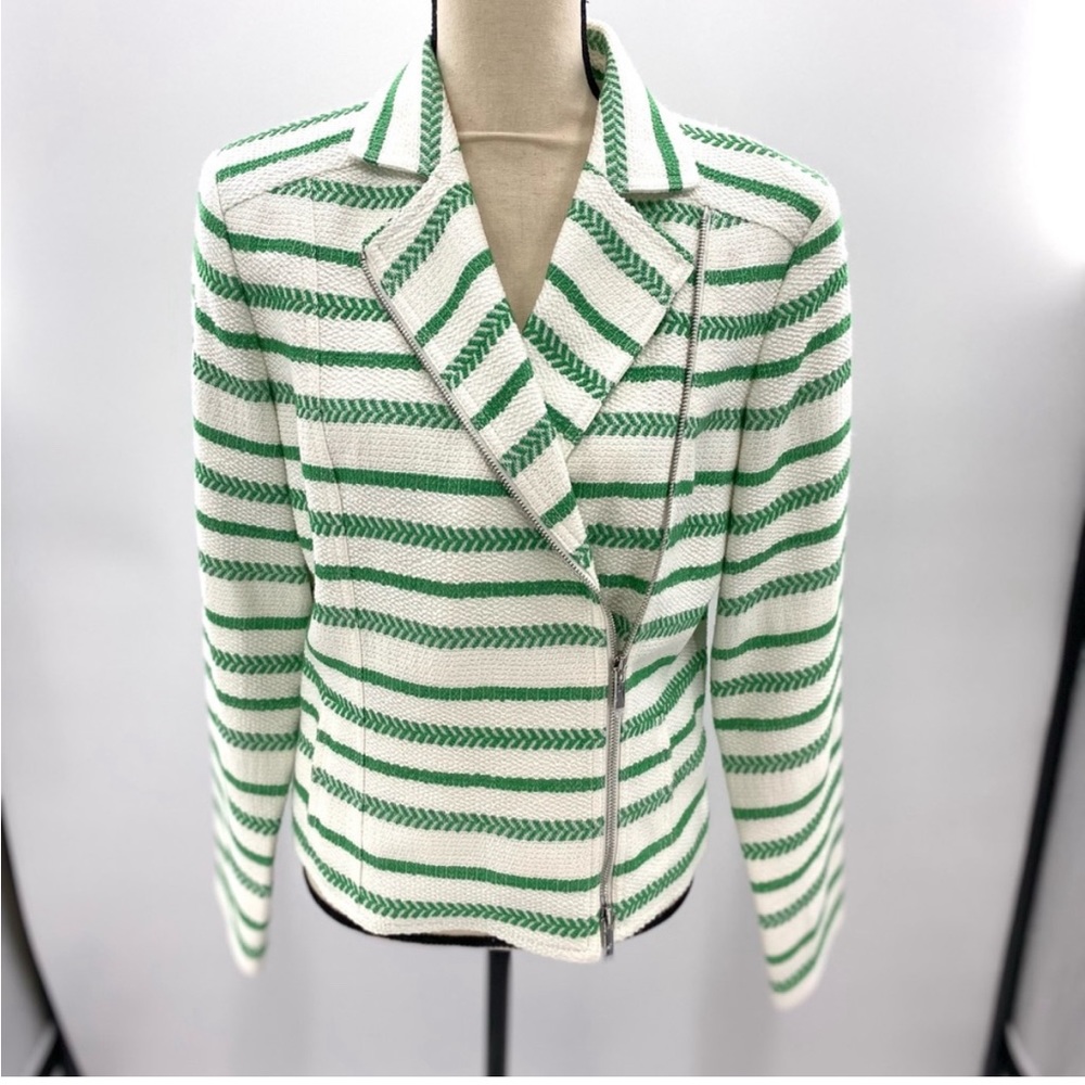 W By Worth Rare Jacquard Grass Green White Striped Moto Jacket Blazer Size 8 N…